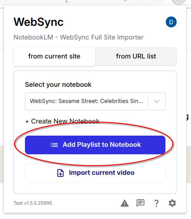 Import Playlist button in WebSync on a YouTube playlist page